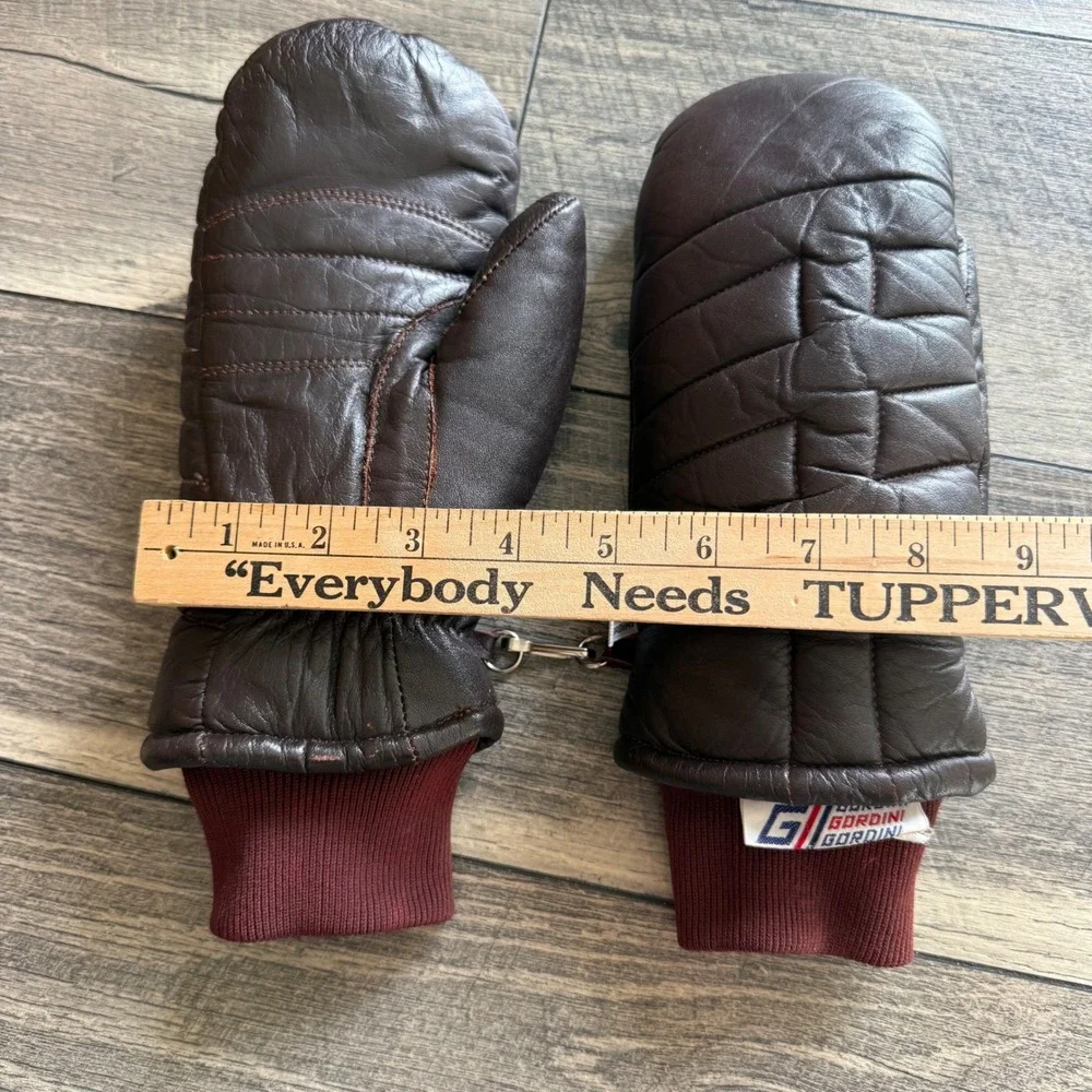 Gordini Vintage Brown Leather Quilted Mittens Women Small Burgundy Knit Cuff